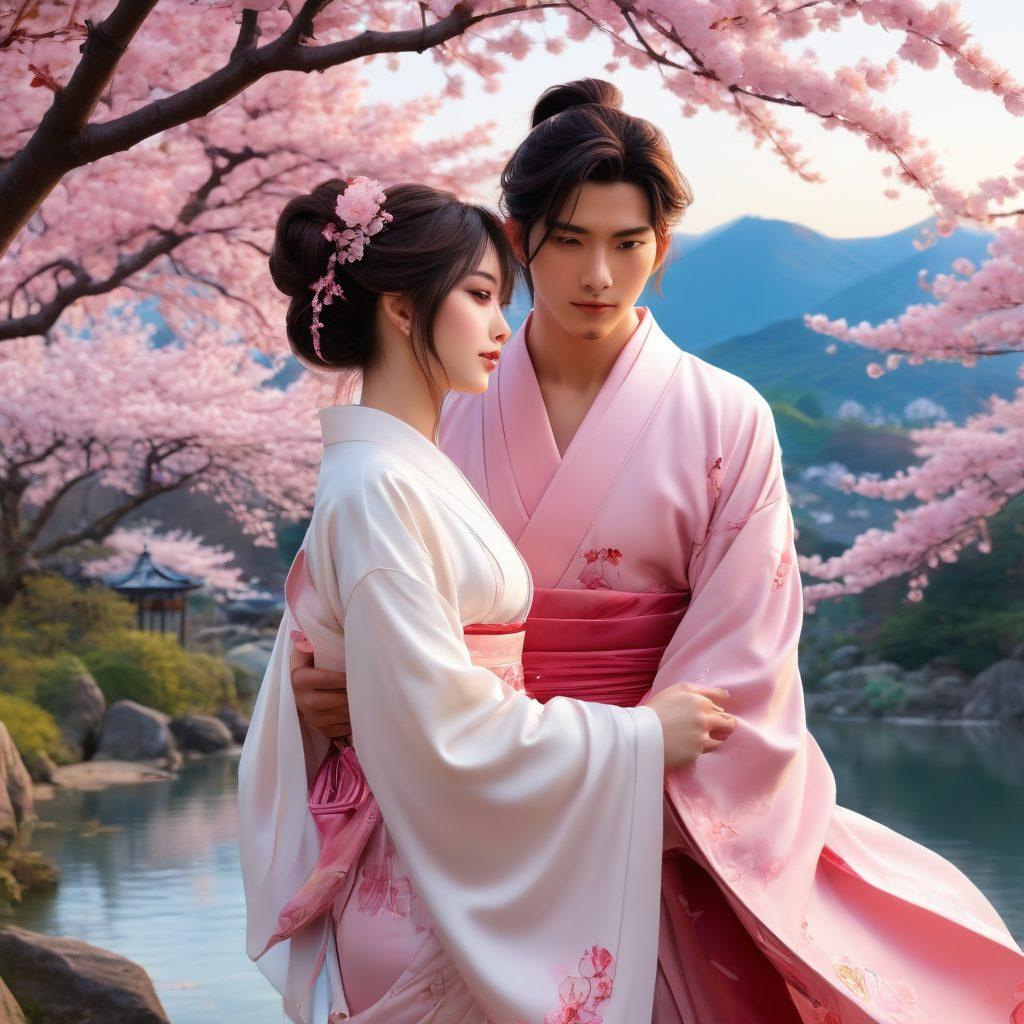 A captivating scene depicting a diverse group of characters from erotic anime, showcasing a mix of sensual poses and flirtatious expressions. Surround them with an intricate backdrop of enchanting Japanese landscapes, filled with cherry blossoms and ethereal lights. Include elements that suggest intimacy and allure, such as soft fabrics and delicate details. The color palette should be rich and vibrant, emphasizing the fantasy and allure of the genre. vector art. vibrant colors.